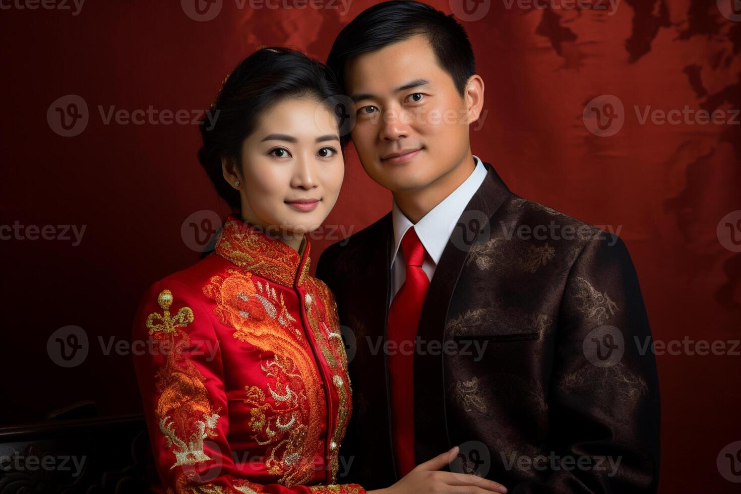 AI generated chinese groom and bride wearing chinese wedding attire with generative ai photo