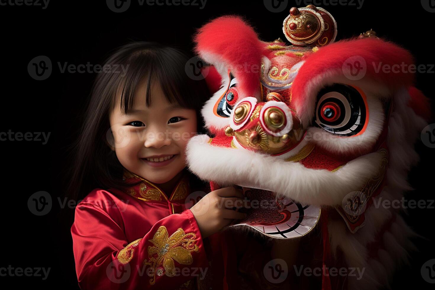 AI generated a young chinese girl with dragon dance mask with generative ai photo