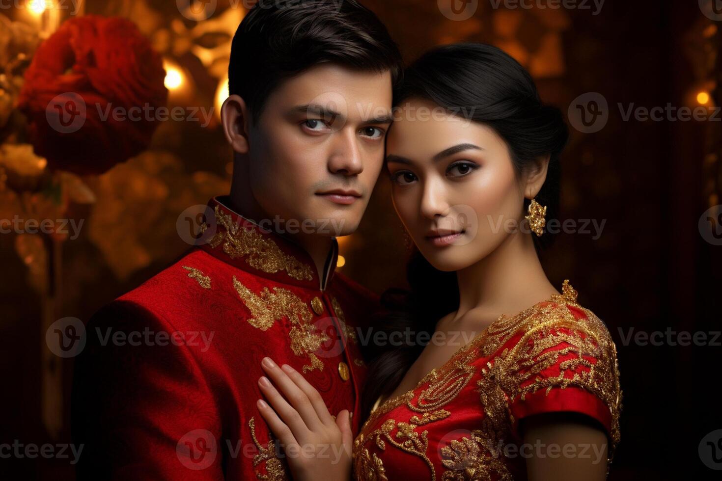 AI generated chinese groom and bride wearing chinese wedding attire with generative ai photo