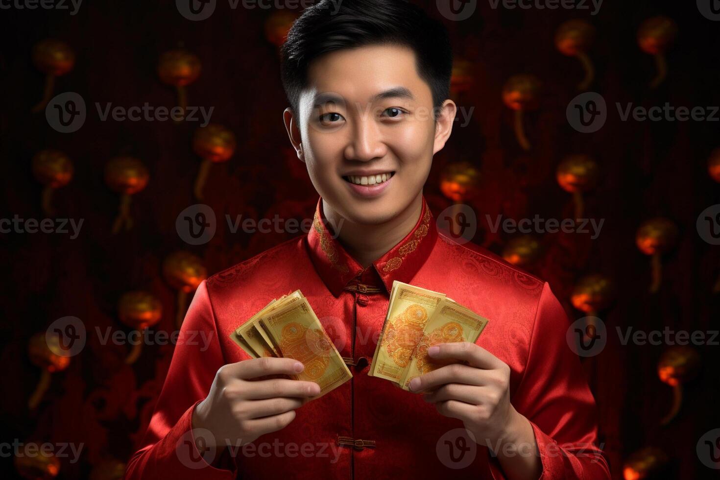 AI generated handsome man wearing red traditional clothes and holding aungpao bokeh style background with generative ai photo