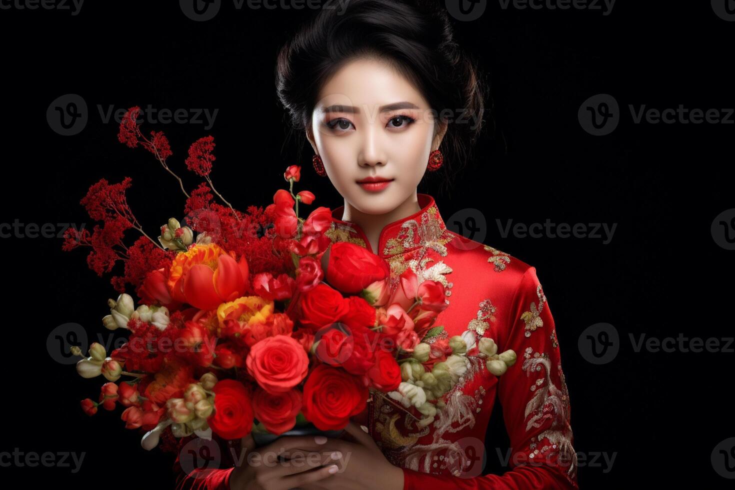 AI generated beautiful chinese woman wearing red traditional clothes and holding red flowers with generative ai photo