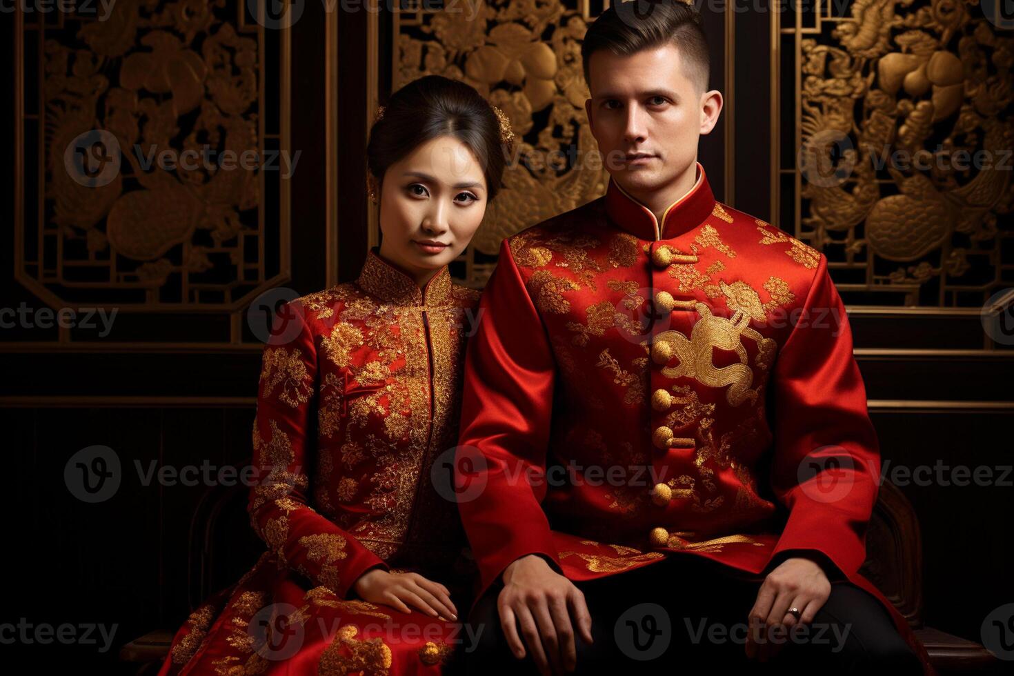 AI generated chinese groom and bride wearing chinese wedding attire with generative ai photo