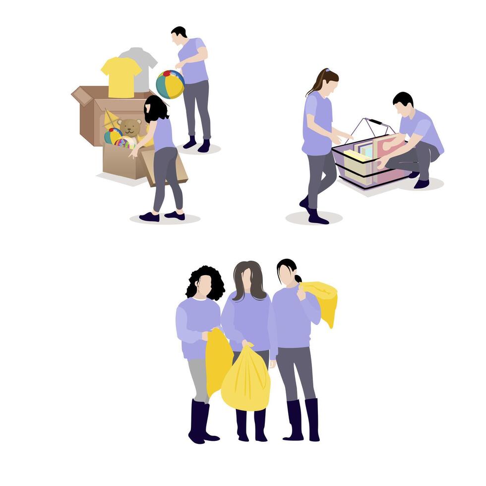 Volunteers collect needed things to give children and beggars. Vector assistance and care, social charity, help volunteering community, support and donating illustration