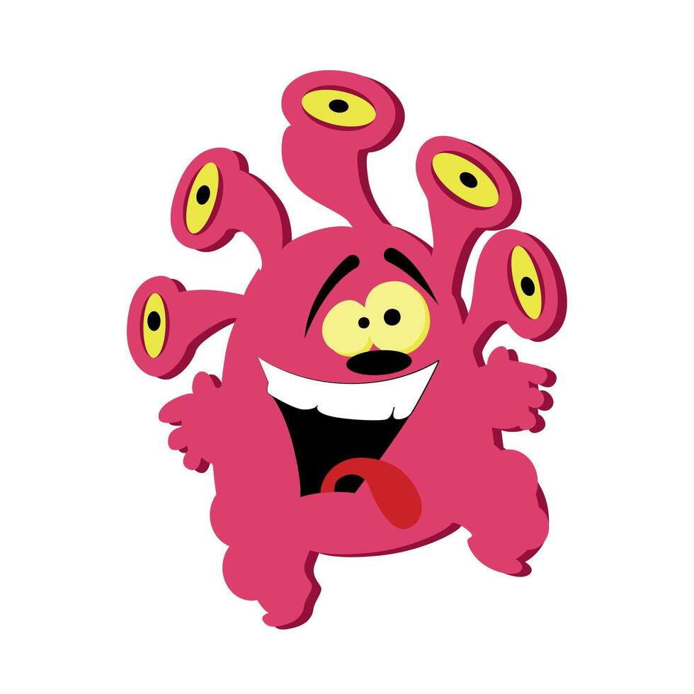 Funny pink monster with group of eyes isolated on white. Illustration crazy active goblin and monster, cartoon goofy toy, gremlin clipart mascot vector