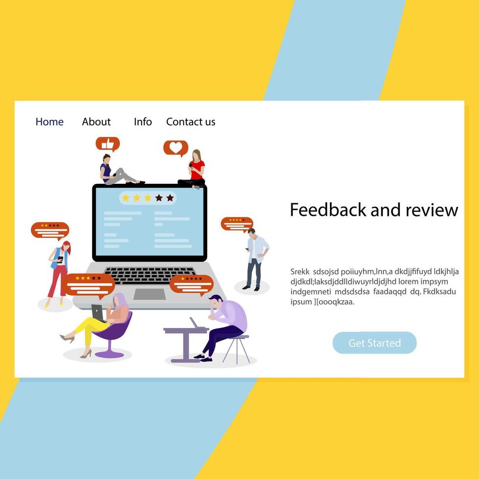 Feedback and review landing page, laptop with rate service. Stars rank according to comments and marks customers. Result marks and review, ranking reputation positive score, vector illustration
