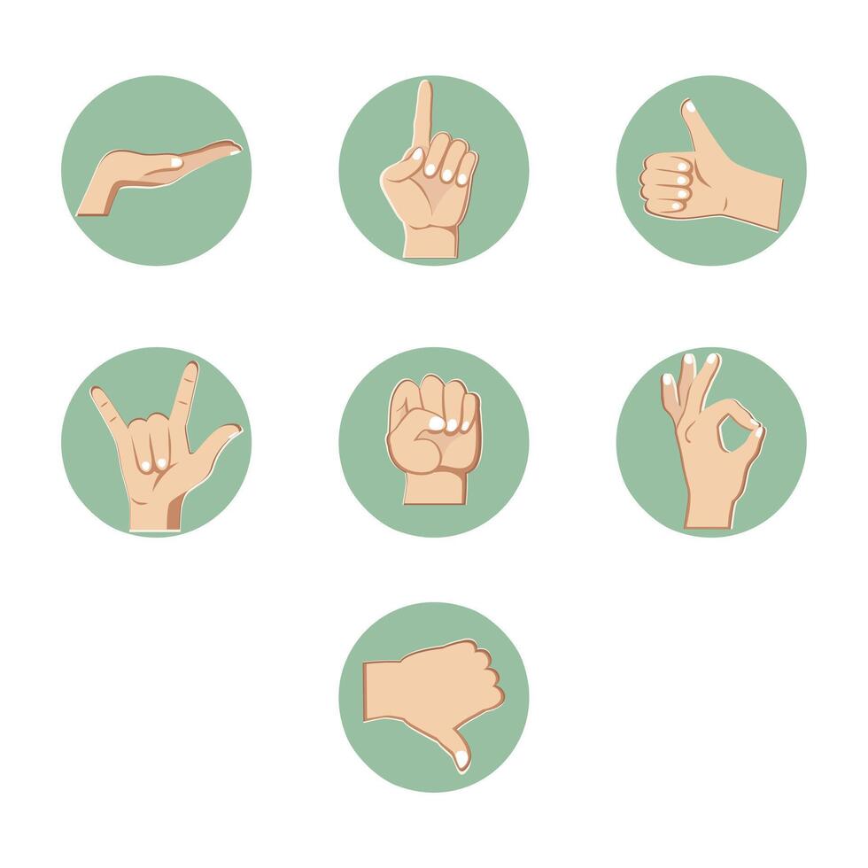 Hand gestures collection, sign of the horns, like and dislike. Set of arm signs. Vector gesturing and greeting, collection of gesture expression language illustration