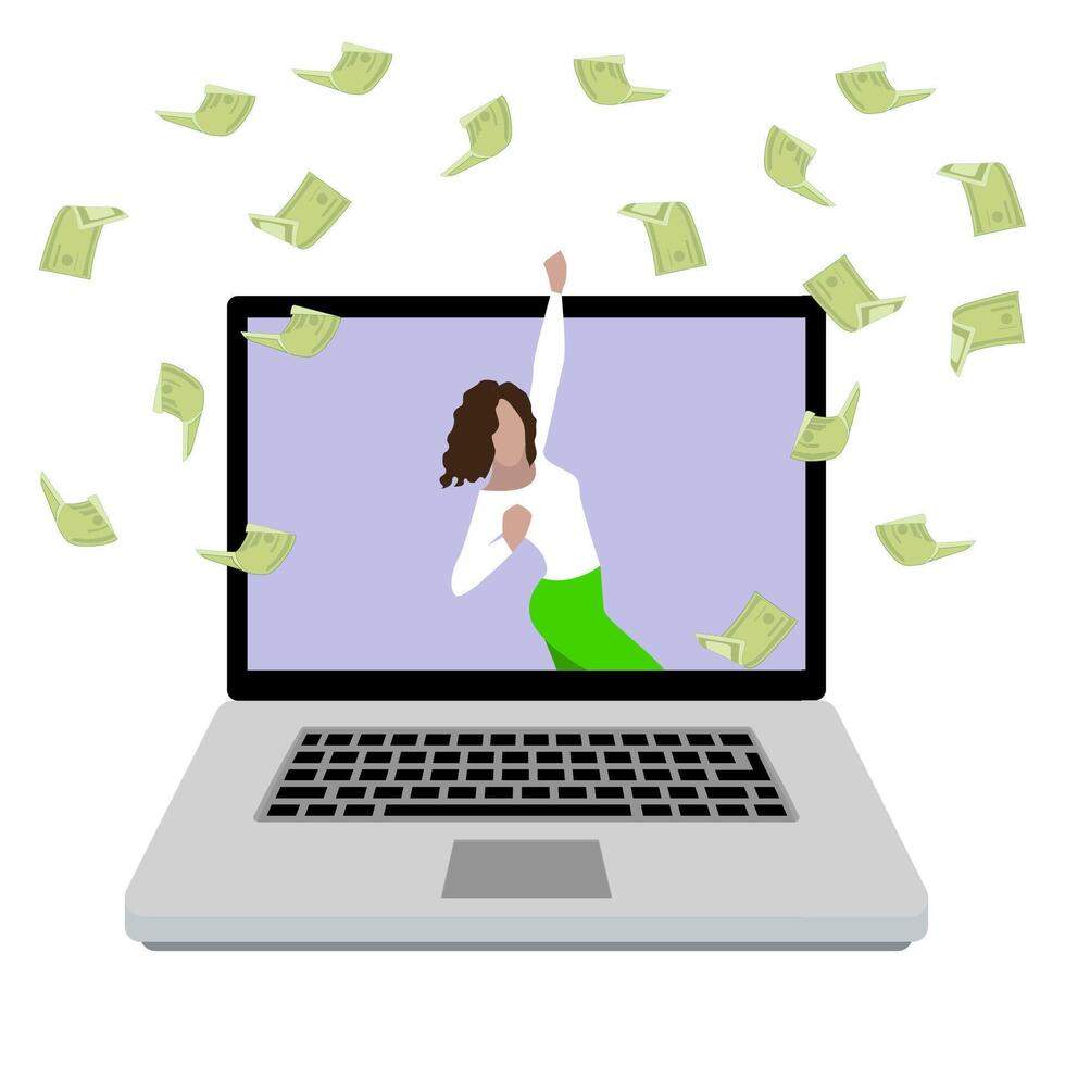 Woman enjoying money prize. happy girl win in online lottery. Award in betting online, gamble game in internet casino, money prize. Vector illustration. Sport reward, successful prediction bet