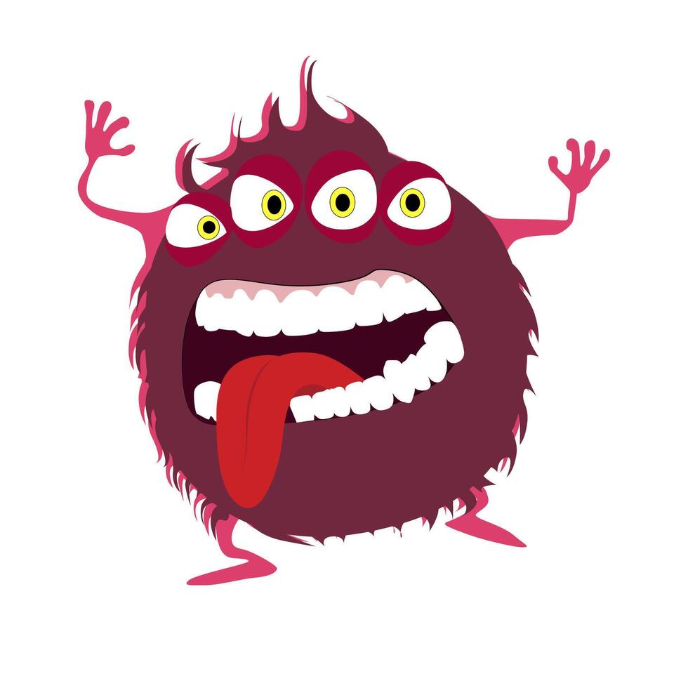 Red color goblin with devil eyes, goofy toy frighten kids, cheerful mascot with crazy mouth expression and tongue, vector illustration