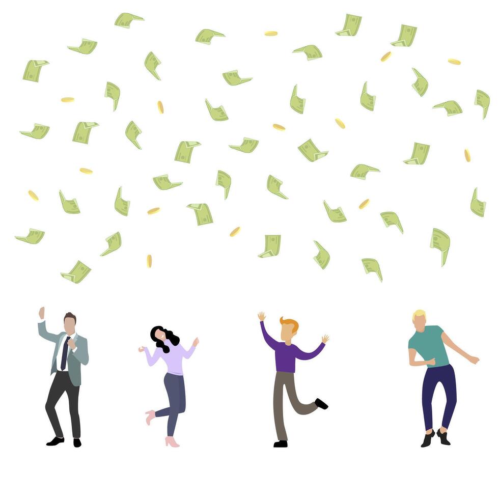 Happy people dancing under money rain. Vector winning team with cash, worker and partner earnings, win in lottery illustration