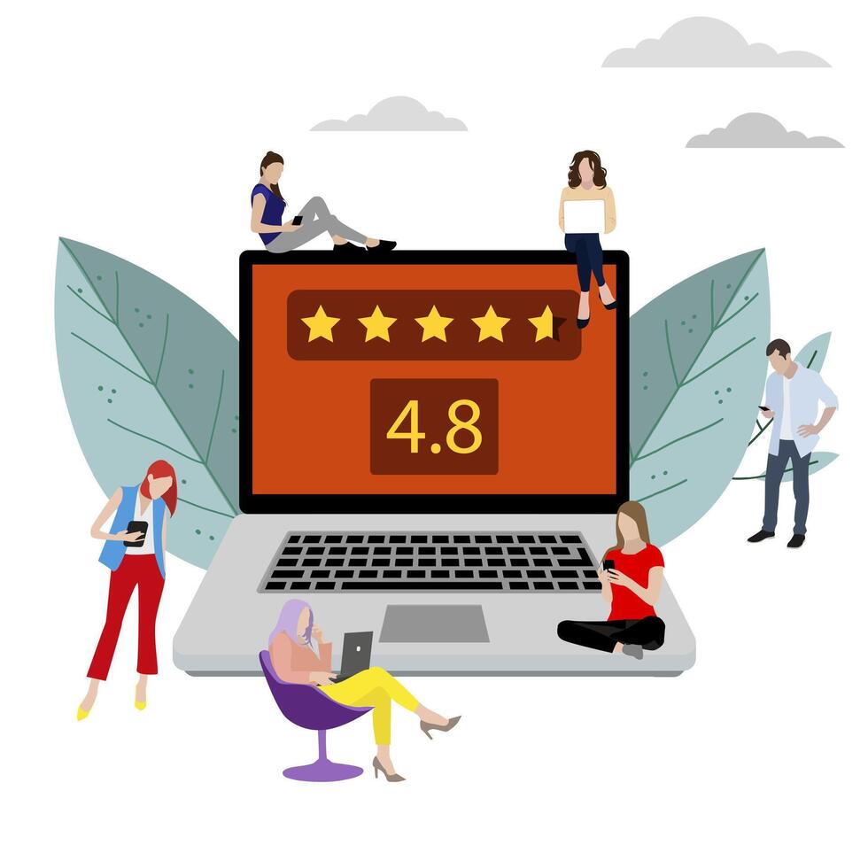 Review and feedback, rate and stars mark, rating quality. Vector star rating on laptop from customers, feedback mark quality, review and ranking, illustration vote and evaluation