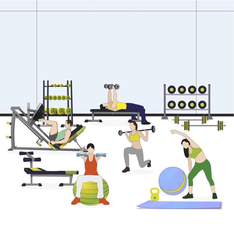 Gym with sport equipments with man and women. Bodybuilding exercising, interior gym for physical wellness, athlete activity on equipment for training, stretching and active. Vector illustration