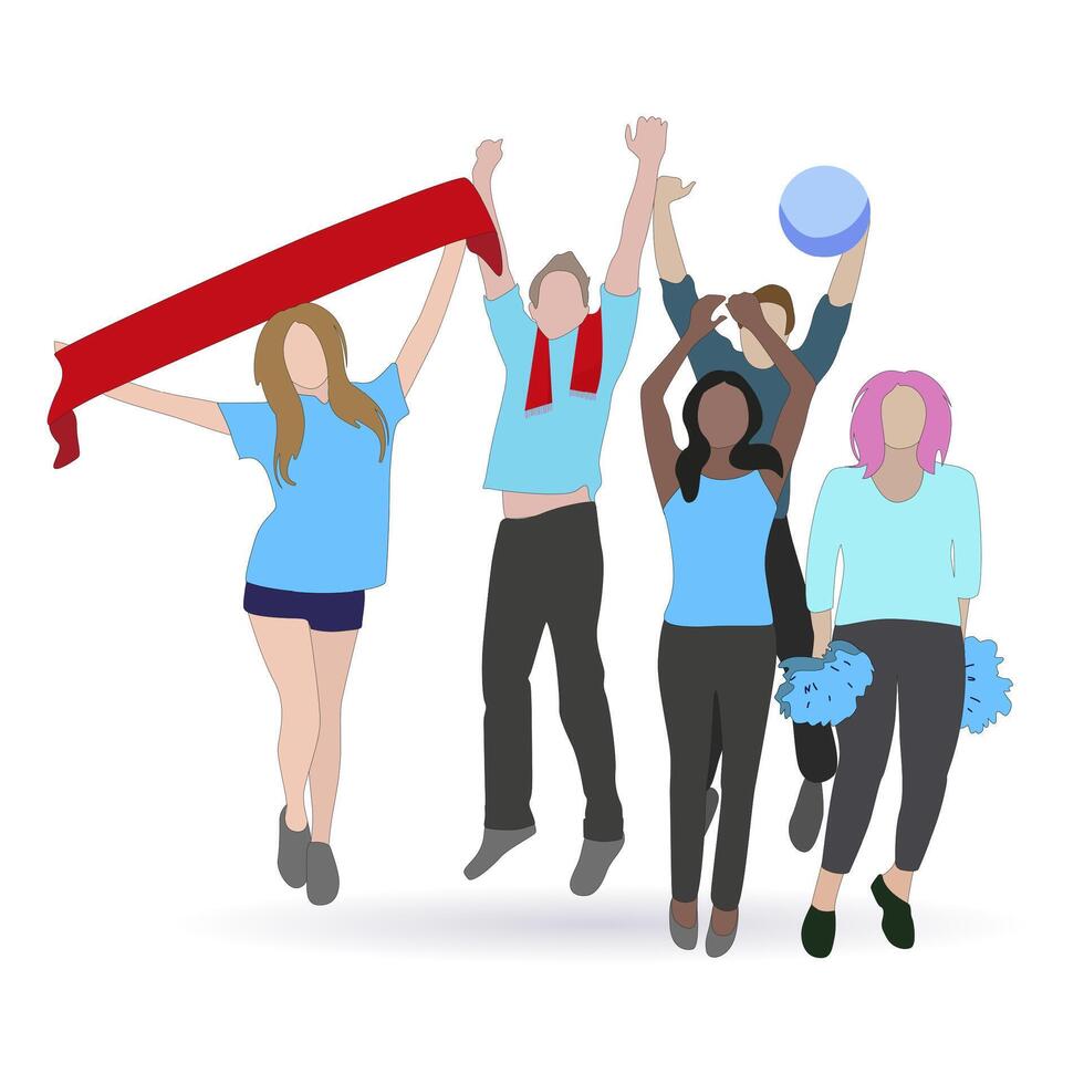 Soccer fans with scarf paraphernalia jump and enjoy. Sports excitement, spectator fan team, crowd people fan. Vector illustration. Exciting and terrific fans cooling