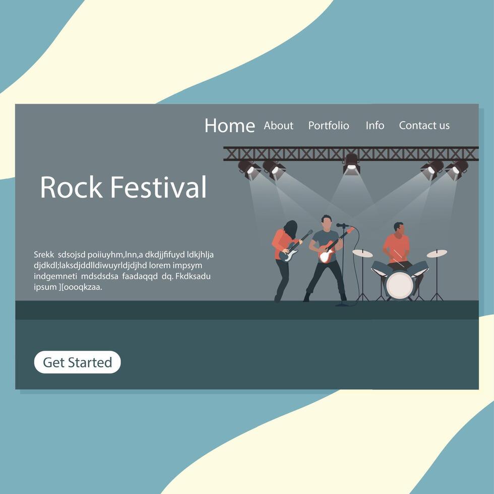 Rock festival landing page, stage of rock n roll and punk metal, rock band perfomance in nightclub. Vector concert of popular group with singer and guitarist, music event website flat cartoon