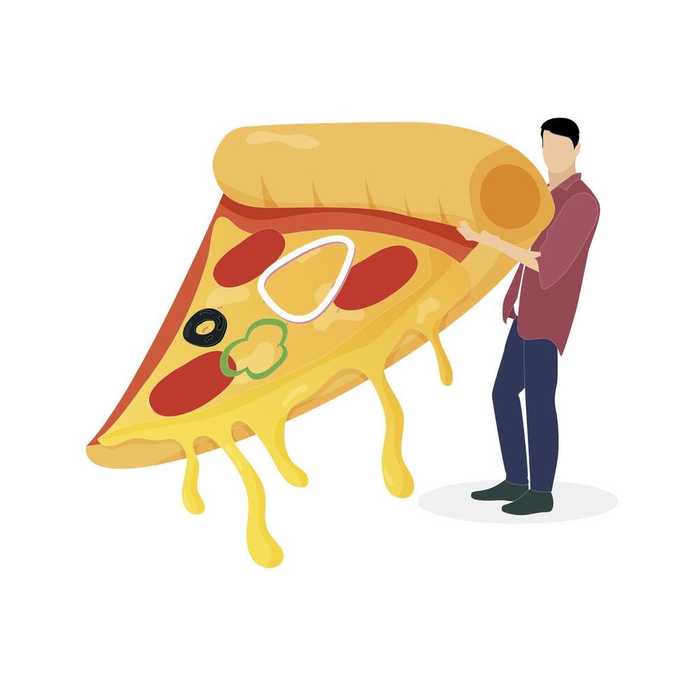 Pizza slice clipart, guy with fast food. Piece of italian cuisine, pizzeria clipart, lunch with mozzarella, cheese dripping. Vector illustration