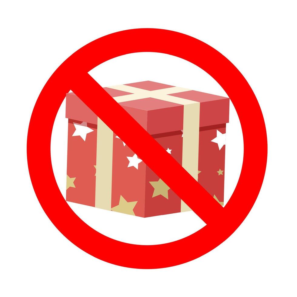 Banned gift icon symbol badge. Vector prohibition banner, warning icon package, information rule no box xmas, prohibited and attention party illustration