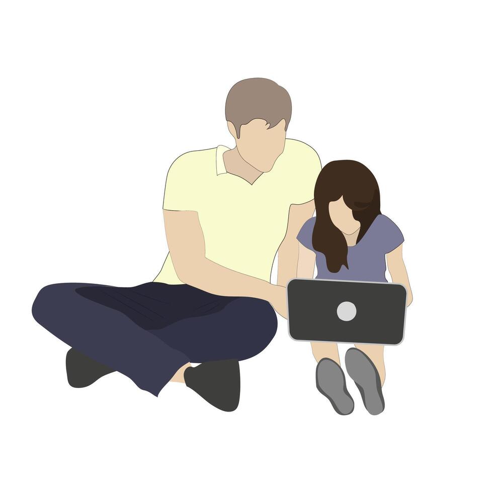 Father and daughter do home work on laptop. Doing homework together family, kid girl dad parent, education during quarantine, tutor learn. Vector illustration