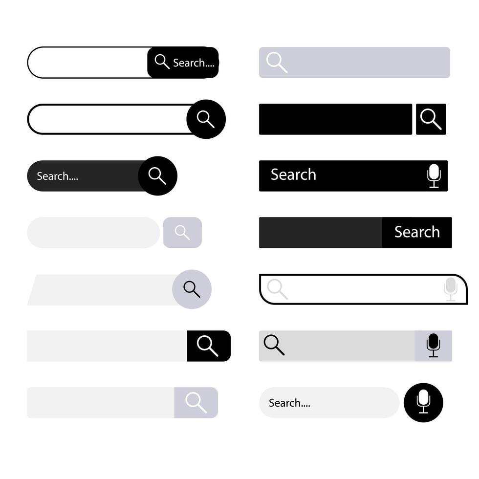 Search bar user interface collection, desing ui. Vector search web bar, navigation website ui, element to find information, browser with mic and magnifier illustration