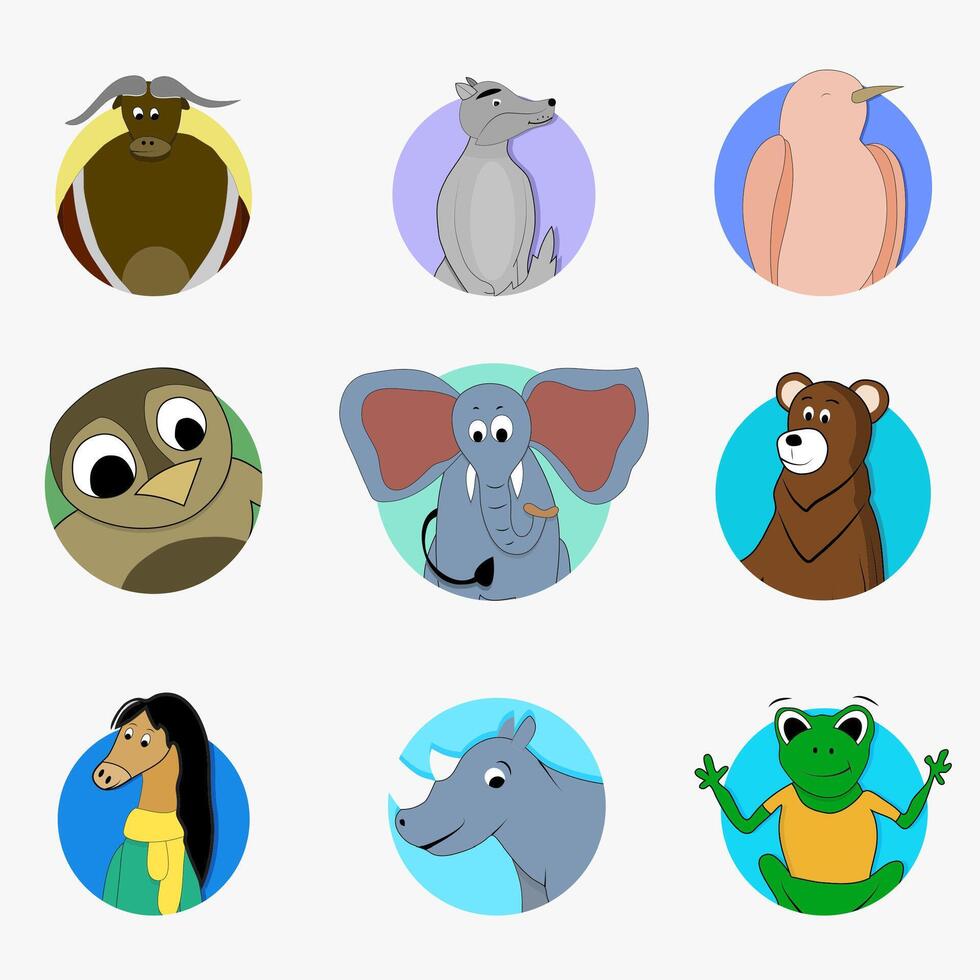 Sticker funny avatar mascot, songbird and owl, bear and elephant, wild creature bull and wolf, cartoon avatar zoo. Vector illustration