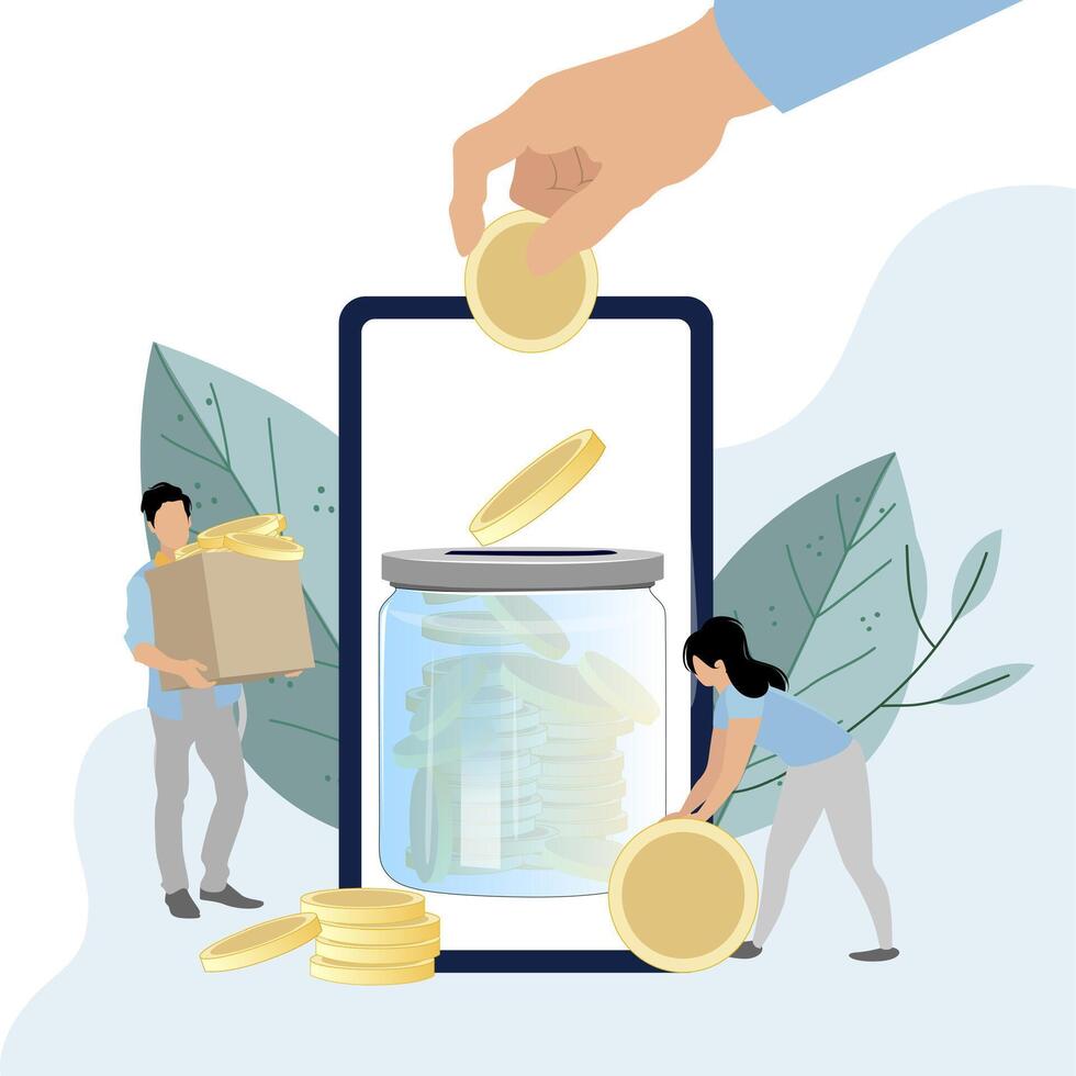 Deposit mobile banking, collecting finance on banking account. Accumulation financial. Vector collect finance in banking smartphone, electronic earning illustration. Deposit transaction application