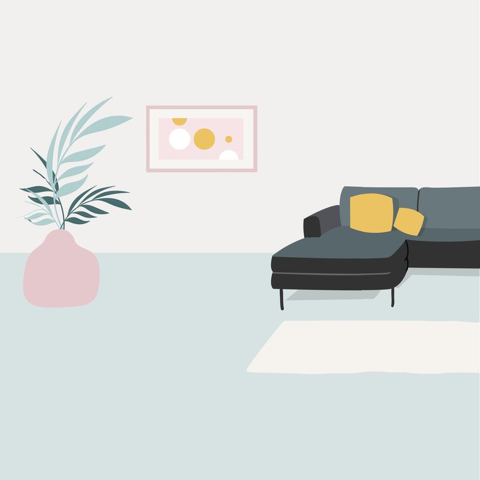 Living room interior with sofa flat design. Vector interior furniture, living room design, modern apartment with lamp and table illustration