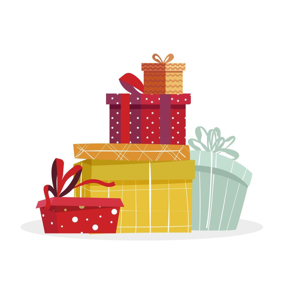 pila de regalo cajas a presente a Navidad o cumpleaños. de colores dibujos animados presente montón, envase caja de regalo para cumpleaños y Navidad, lote sorpresa para saludo nuevo año. vector ilustración