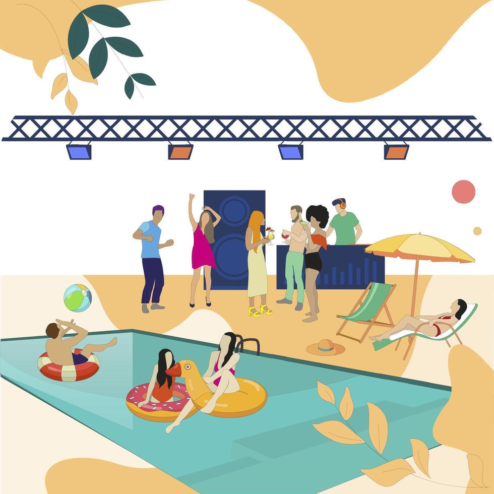 Pool party event, people dance and enjoy. Vector summer dance, character swimmer near swim, discotheque poolside , swimwear disco illustration
