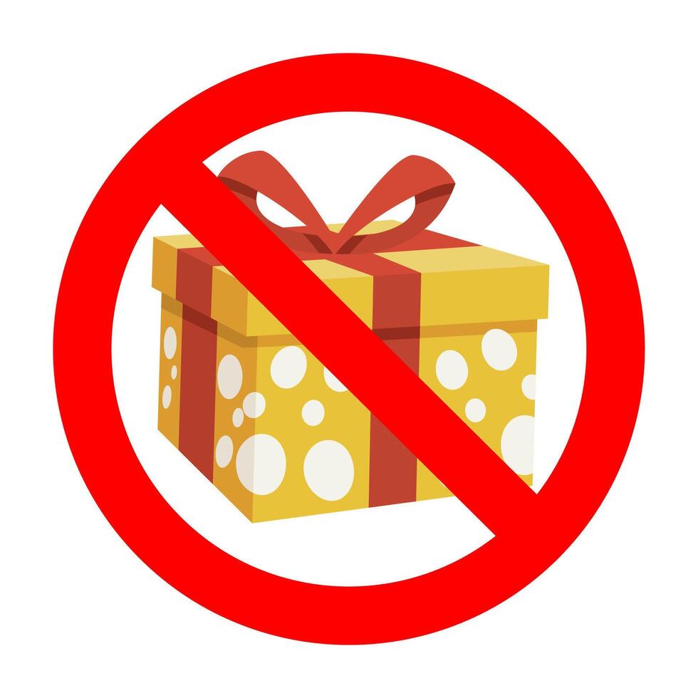 prohibición regalo símbolo. No presente a cumpleaños, caja prohibido, regalo caja paquete prohibido, no sorpresa y cumpleaños, prohibido paquete o empaquetar a fiesta fiesta. vector ilustración