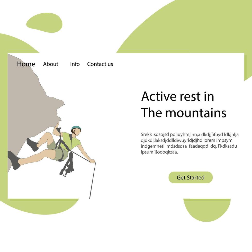 activo descanso en montañas aterrizaje página. ilustración alpinismo escuela, rock escalada, extremo deporte pasatiempo vector