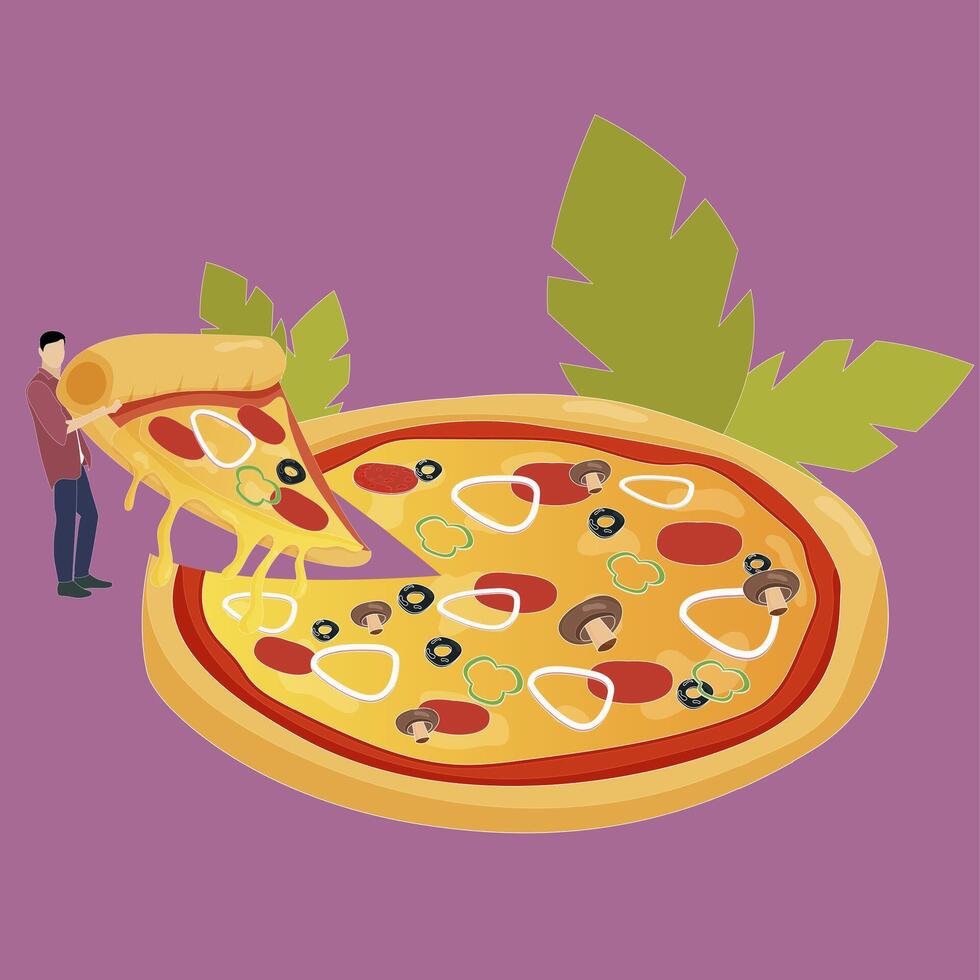 Slice pizza, cutted piece of italian traditional meal. Cartoon restaurant image design, original cuisine pepperoni, man eating with leisure, portion baked graphic to pizzeria. Vector illustration