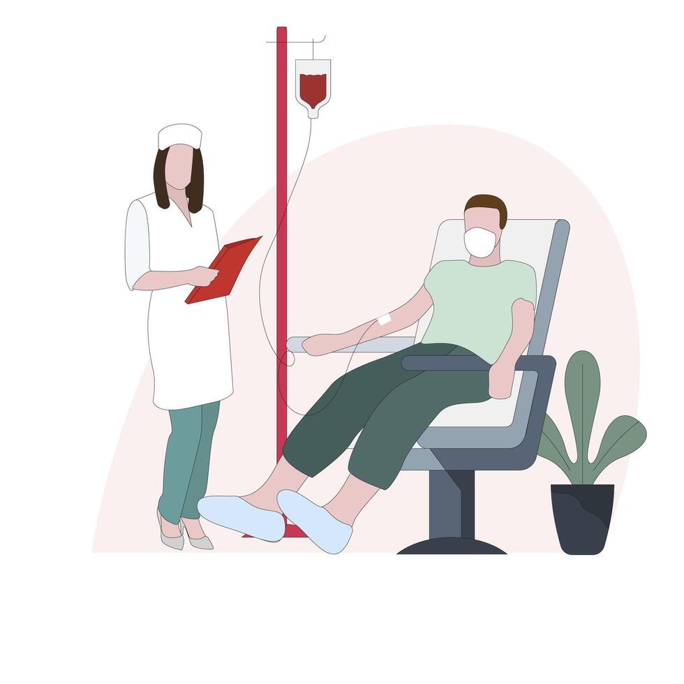 Donation blood to immediately transfusion, emergency treatment. Vector donor drop donation, patient in clinic, person nurse take plasma for laboratory, supply and donate illustration