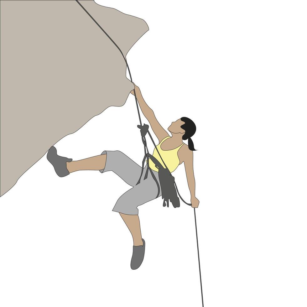 Pretty girl climb to rock. Hobby risky, athletic active sport, strive to success top, training sport with adrenalin, danger climbing, vector illustration