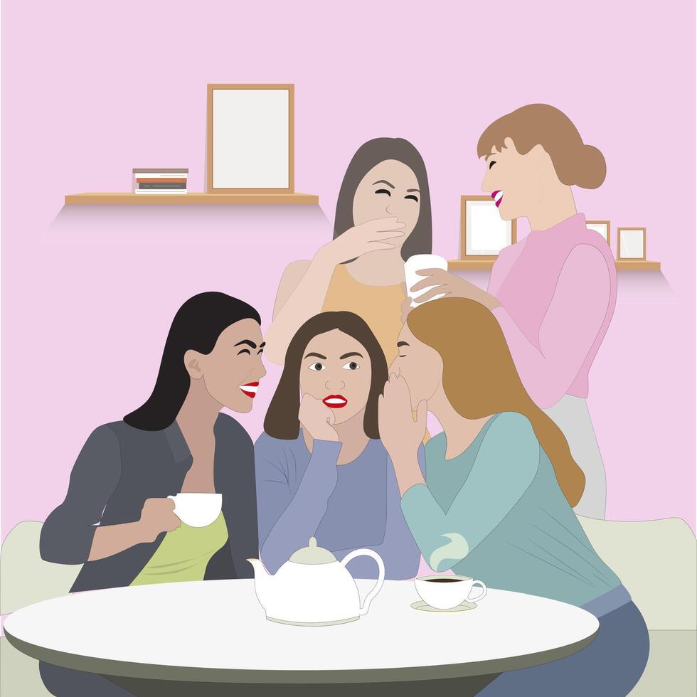 Young women friends gossip, concept female friendship and meeting. Vector friends in cafe and coffee lunch, drink and chat meeting, girls hang out illustration