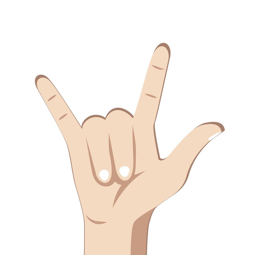 Sign of the horns cartoon, human hand gesture. Vector symbol to support rock hand, music gesture of devils horns, heavy metal icon, human arm for rocker illustration. Cool expression emotion gesturing