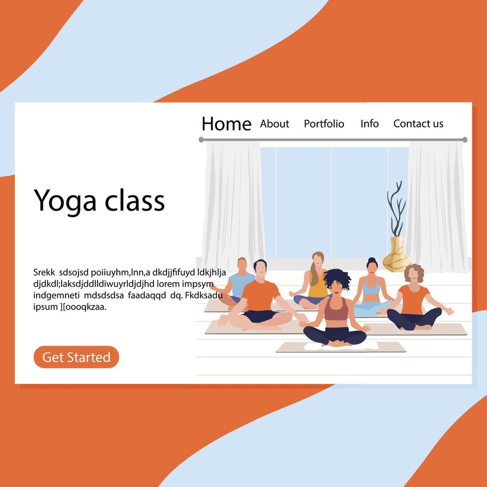 Yoga class page, retreat exercise fot group illustration. Harmony and wellness pose for body, yoga meditate exercise. Vector fitness and meditation relaxation