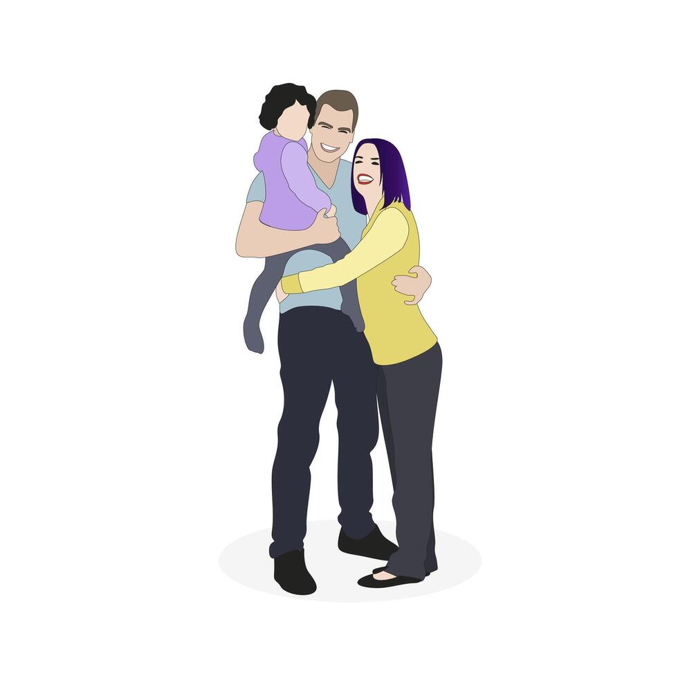 contento familia padre madre y niño. Pareja con niño, padres abrazos juntos niño, alegre niño sonriente, vector ilustración