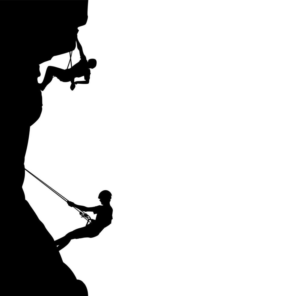 People climb on rock, black silhouette. Rock climber support partner on wall. Vector man climbing silhouette, activity and motivation on rock, sport extreme climber illustration