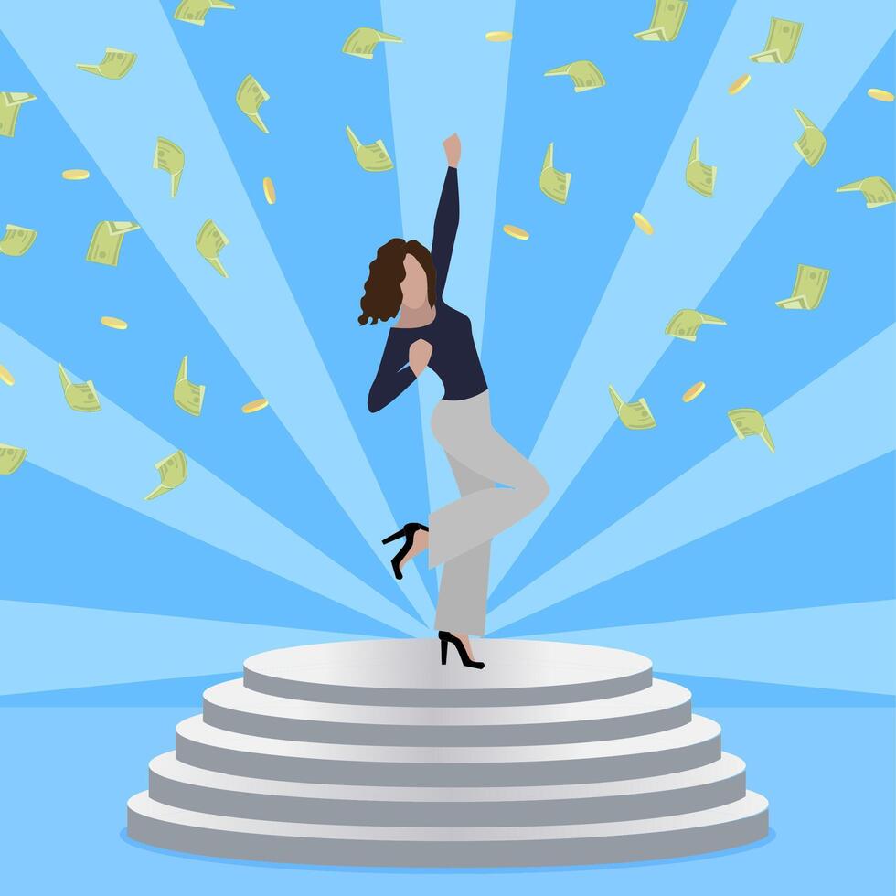 Woman winner celebrating lottery jackpot. Happy lady enjoying under money rain. Lady on stair pedestal with green cash. Vector illustration, triumph professional succesfull achievement