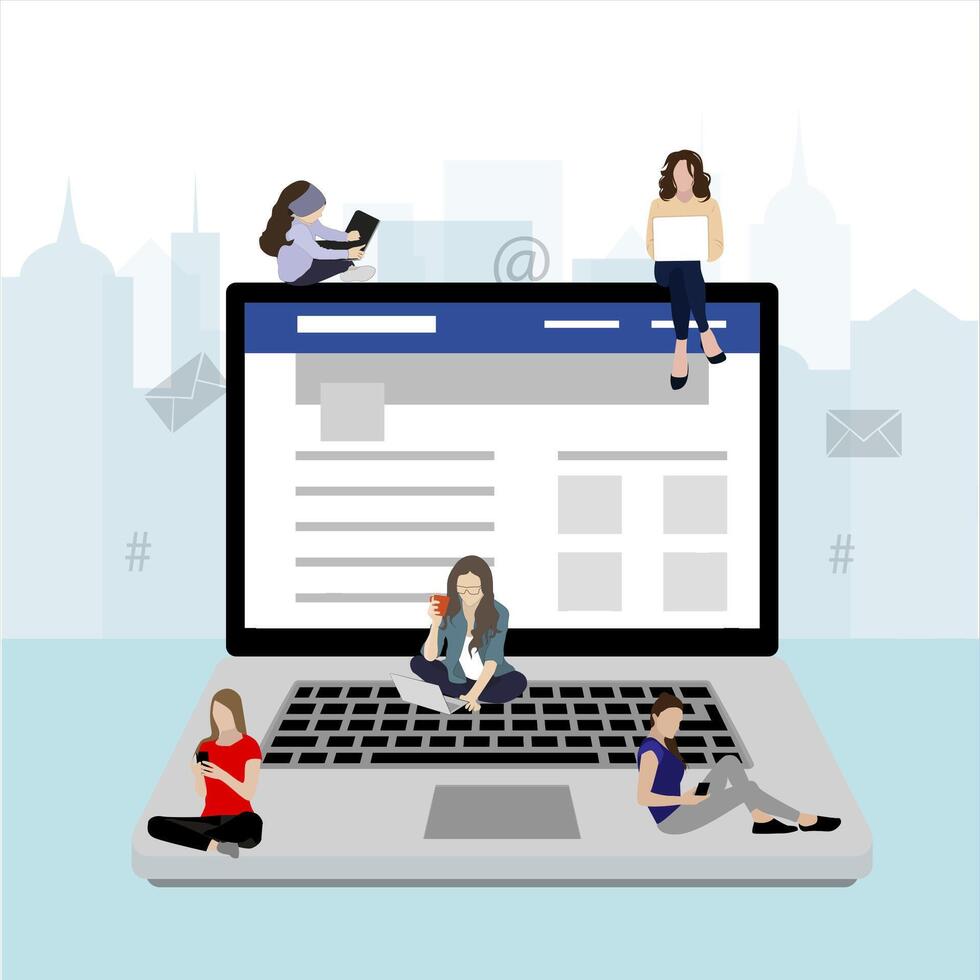 Social media addiction, people use laptop smartphone. Internet communication, community network lifestyle, woman and man follow to content. Vector illustration, social media people