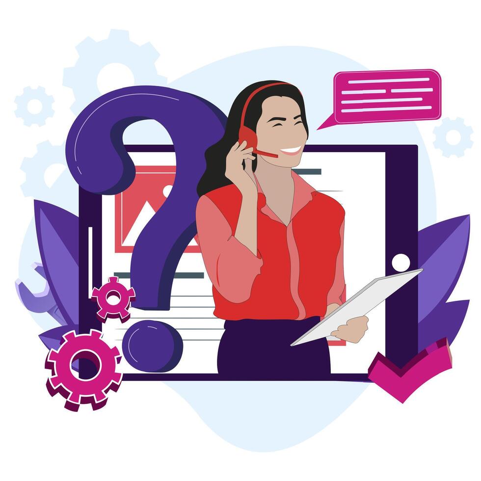 Hotline service online, network help, search faq and assistance, cartoon woman operator, professional support online. Vector illustration
