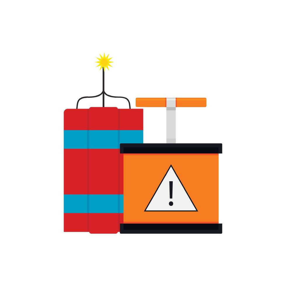 Dynamite bomb and detonator to launch danger weapon to explosion and damage. Vector illustration. Dynamite danger weapon, destroy instrument, damage warning emblem, fire boom items