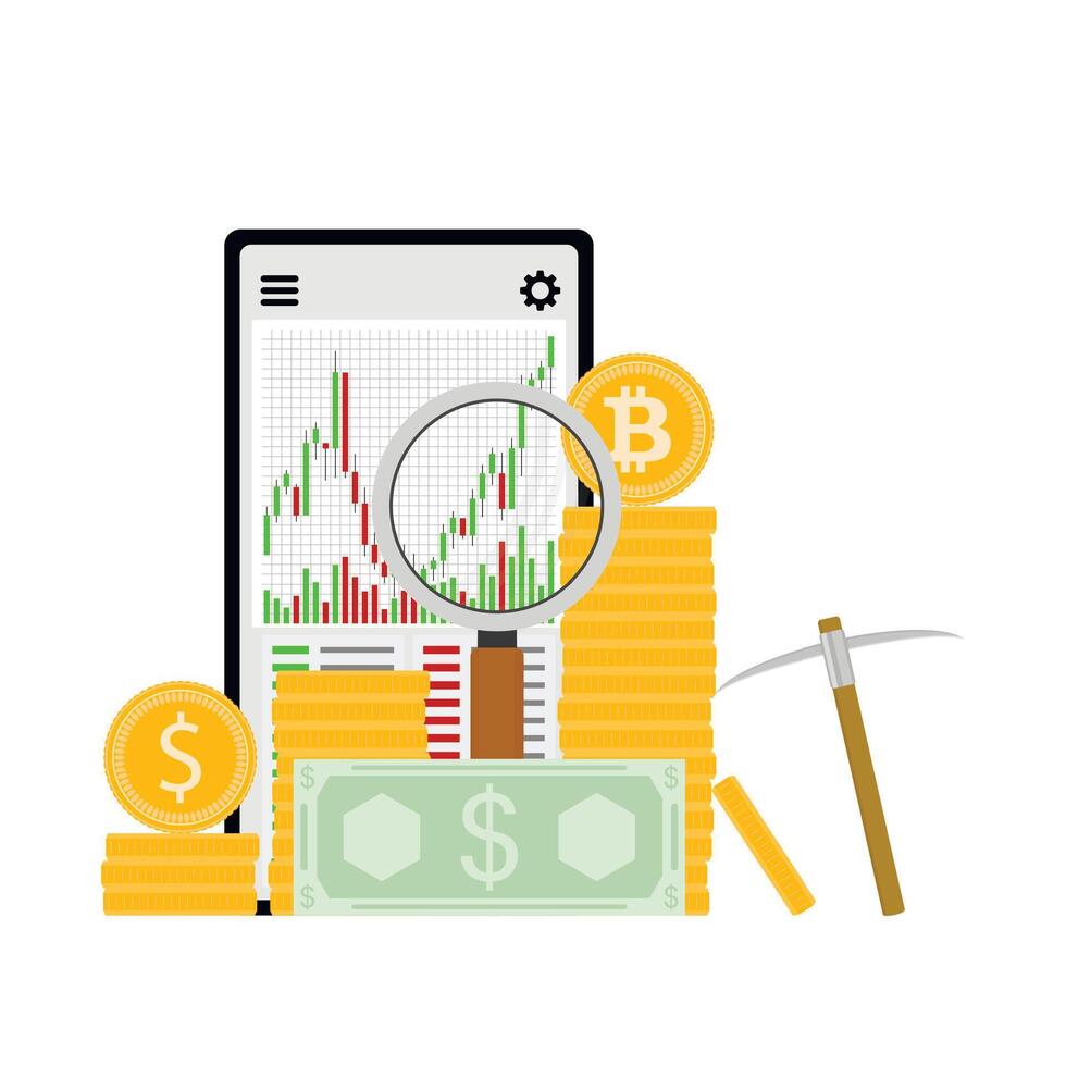 Mining and crypto exchange, trading and cryptocurrency market, analysis of bar chart. Vector illustration. Golden web coin mining, didgital exchange, global e-commerce trade concept