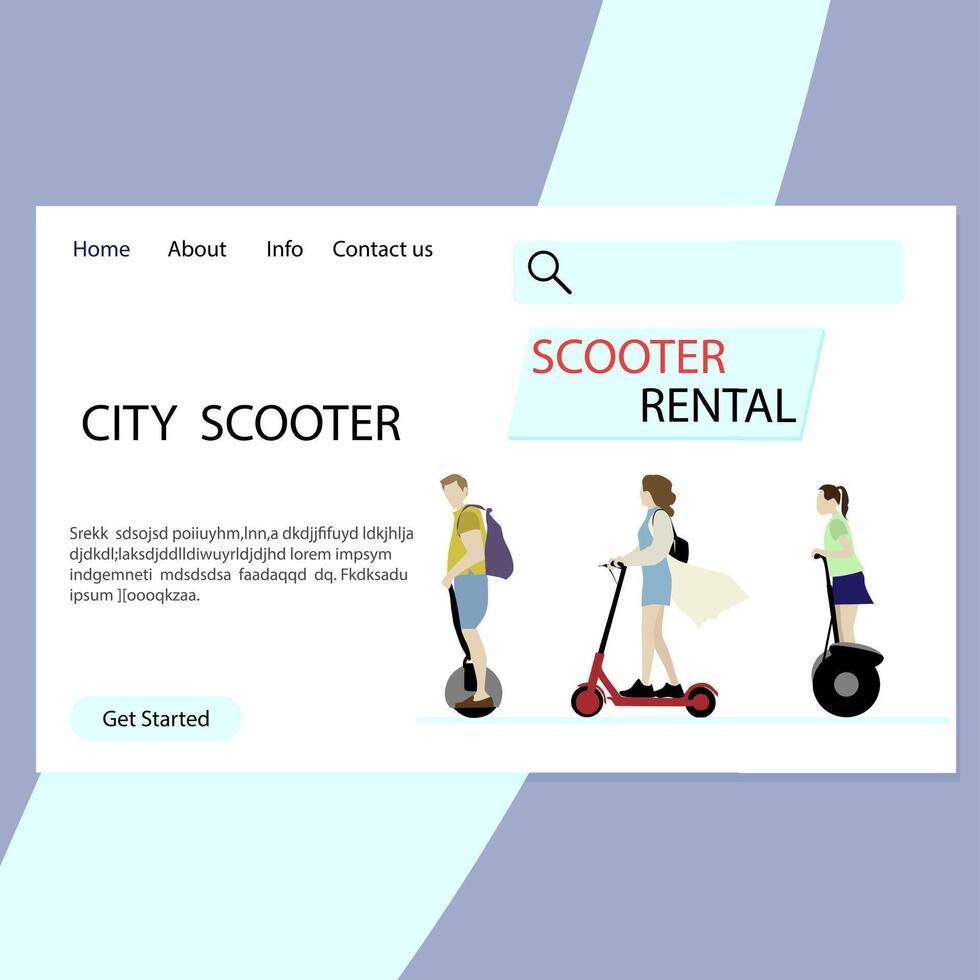 City scooter rental landing page. Vector electrical rental transport for park and pedestrian area to travel mobile and fast illustration