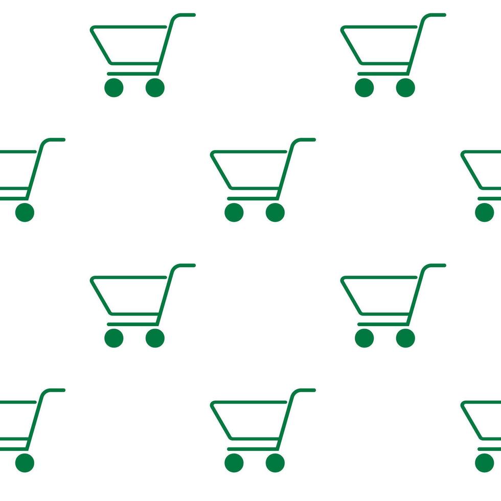 Shopping cart icons seamless pattern, line green minimalist background. Vector illustration. Minimalist simple background, decoration green basket trolley, minimal pattern, digital service