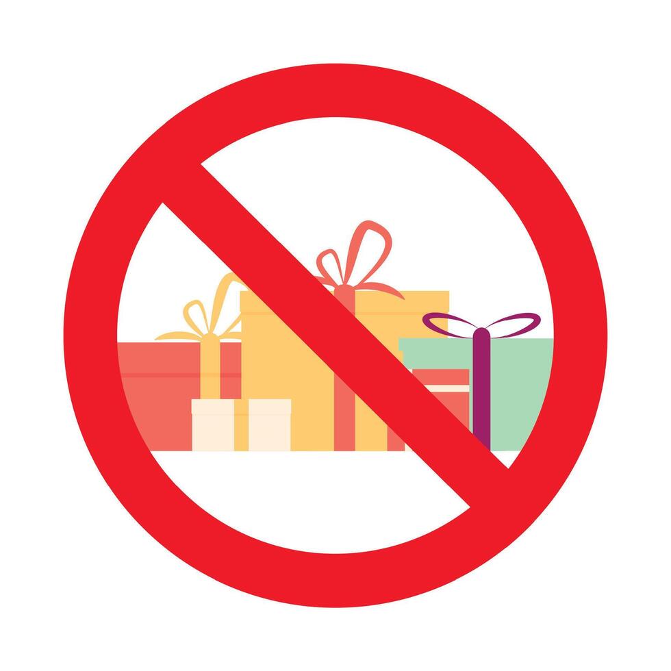 Ban gifts symbol for event birthday christmas and new year. Vector illustration. Gift box banned, prohibition sign, no gift caution, present forbidden, red stop ribbon warning, no christmas traditions