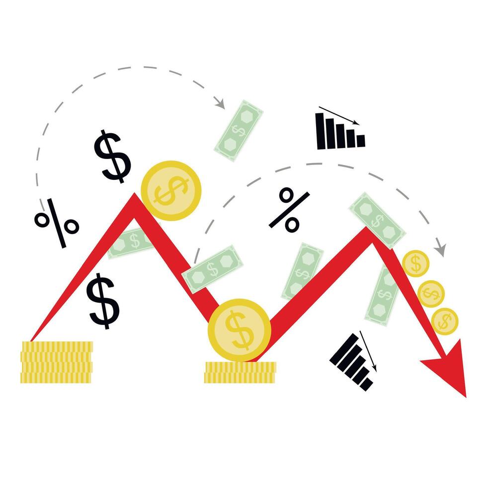 financiero crisis y arruinado, recesión y disminución gráfico de finanzas. vector, ilustración. descendente grafico, pérdida de ahorros, negocio bancarrota, disminución de el dólar moneda vector