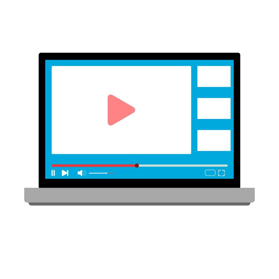Video service, media content on laptop, user interface stream service, vector online content video, social network interface, illustration of laptop streaming movie, window screen on computer