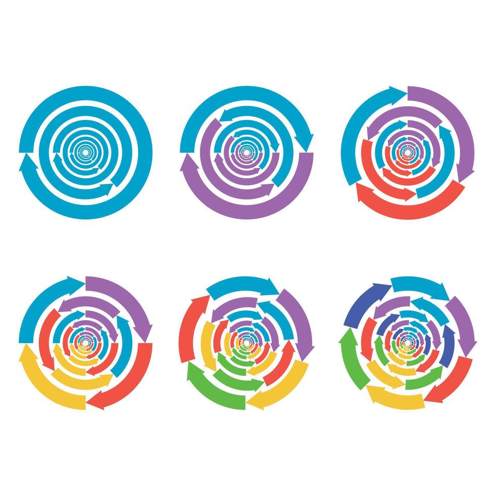 Swirl arrow whirlpool and vortex, weather cyclones set, direction way. Vector illustration. Vortex loop, curved clip-art, colorful creative whirl, rotation brust, abstract spin lines