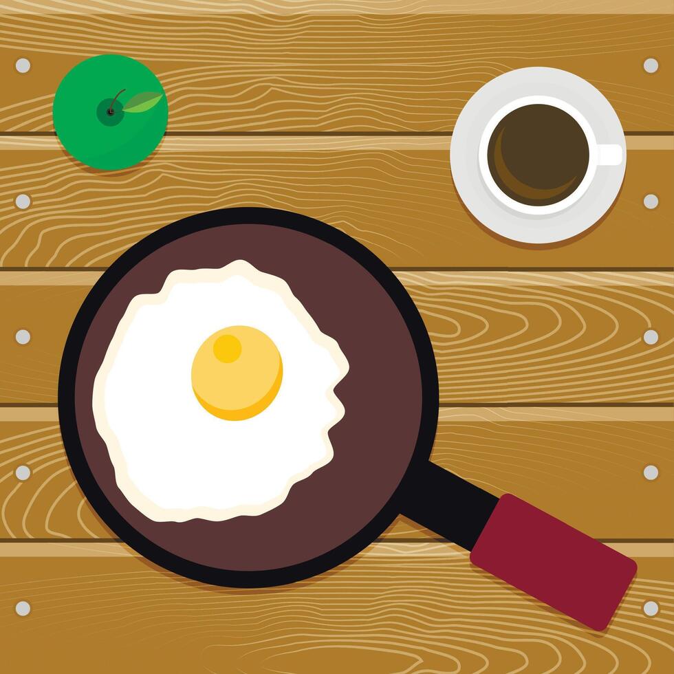 Top of view breakfast fried eggs coffee and apple. Vector illustration. Breakfast illustration, healthy morning dishes, plate egg, flat design, cafe concept, fried eggs meal, vintage lunch