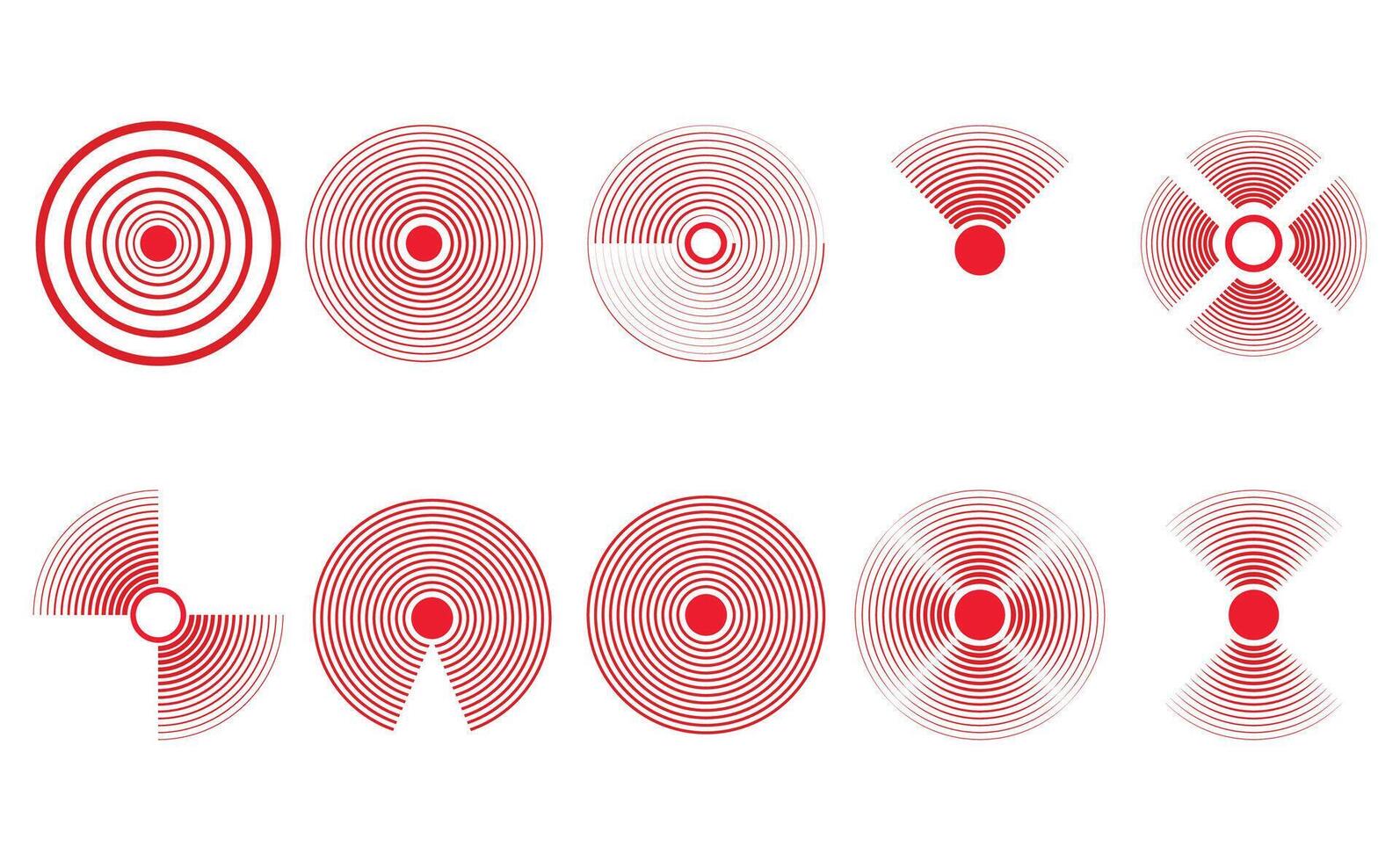 Dot and point of pain, signal of suffer set. Vector illustration. Red radial pain sign, health vector, hurt pictogram, geometric line, body injury, scale coverage, human physical painful