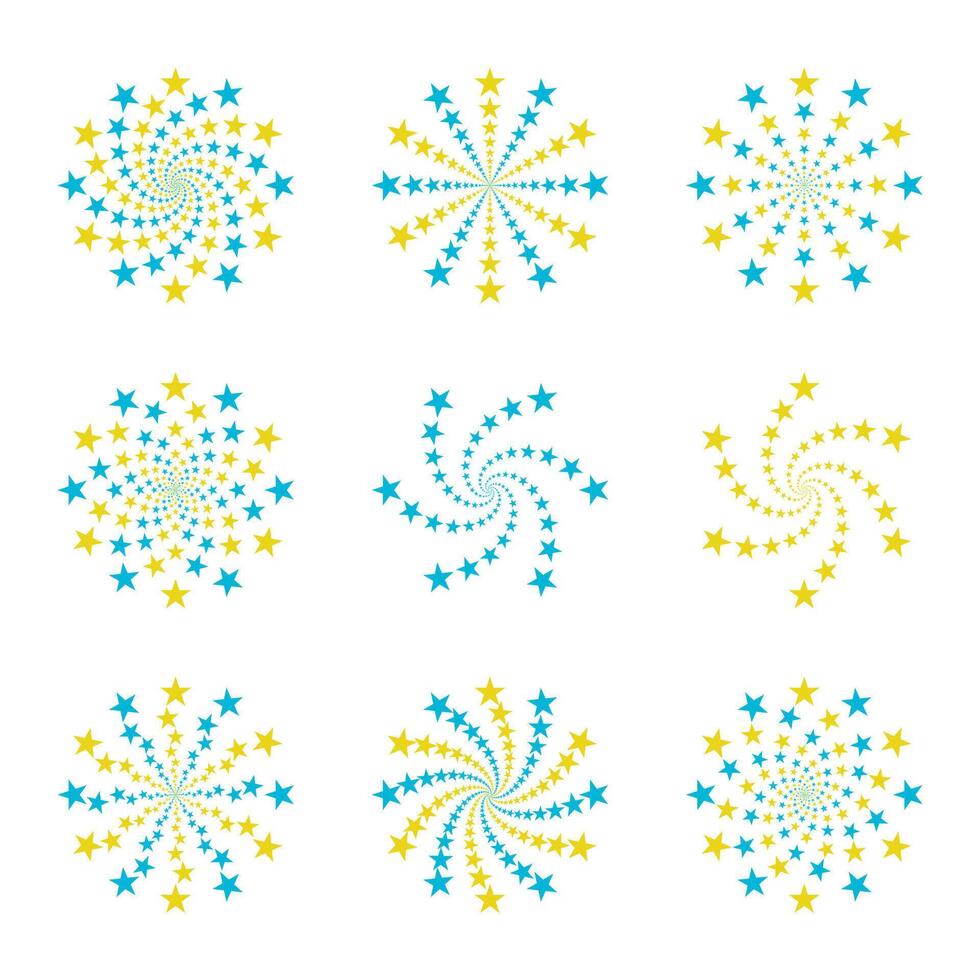 Yellow blue fireworks collection to celebrating new year christmas or birthday. Vector illustration. Yellow blue firework icons, shape sparkle, abstract celebrating set, pyrotechnic rocet